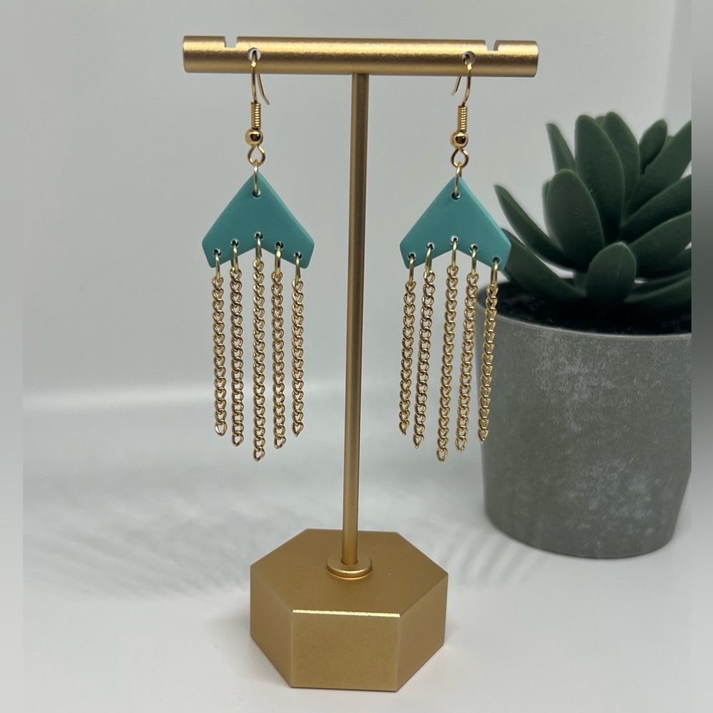 Teal chevron polymer‎ clay earrings with gold chain fringe
